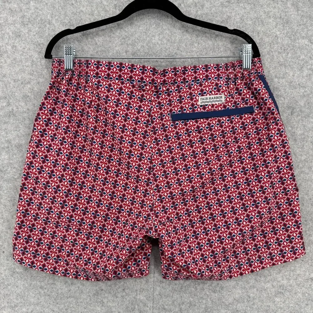 Fair Harbor The Sextant Geometric Swim Trunks Men's Size 34 Red Blue Side Stripe